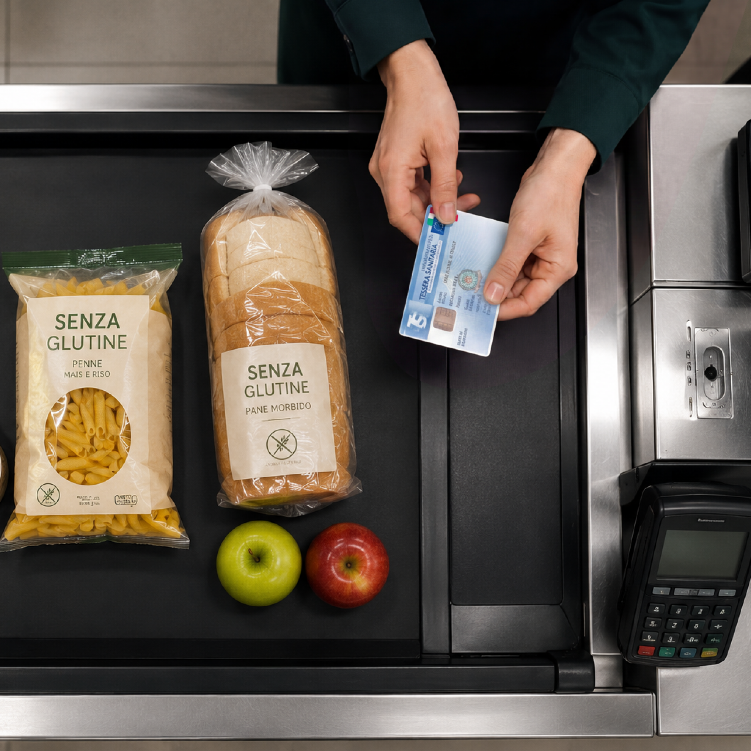 Gluten-free bread and pasta on a checkout conveyor with apples nearby and a payment terminal in view.