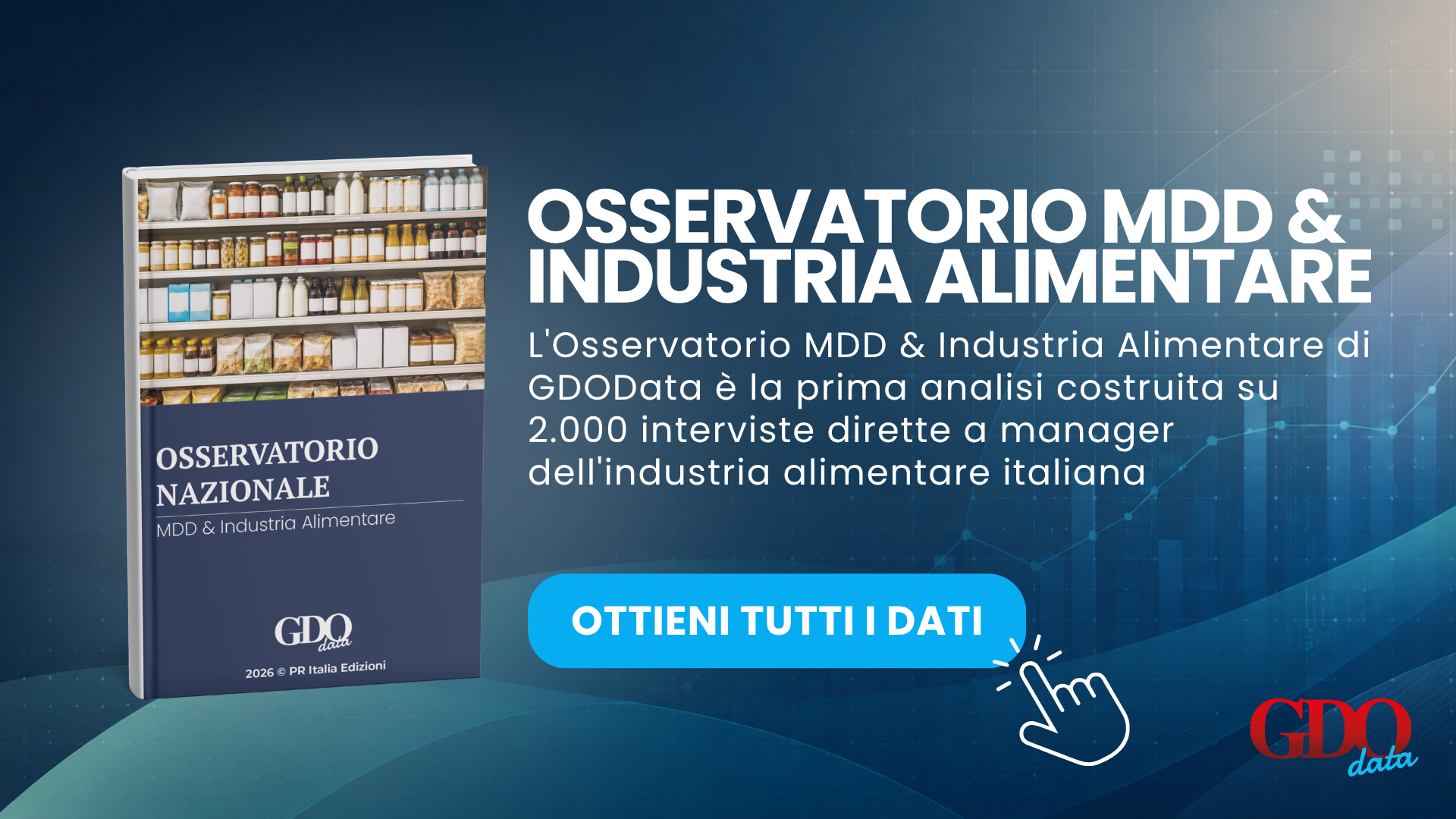 Promotional banner for Osservatorio MDD & Industria Alimentare; left shows a blue report/book, right features bold Italian title on a blue gradient background.