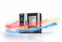 RATIONAL premiata ai Barawards con iHexagon e Digital Service Management RATIONAL iHexagon commercial oven with a touch-screen panel and stainless steel body, set against a hexagon-pattern background.