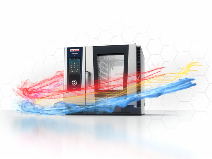 RATIONAL_KeyVisual_iHexagon_1077922 RATIONAL iHexagon commercial oven with a touch-screen panel and stainless steel body, set against a hexagon-pattern background.