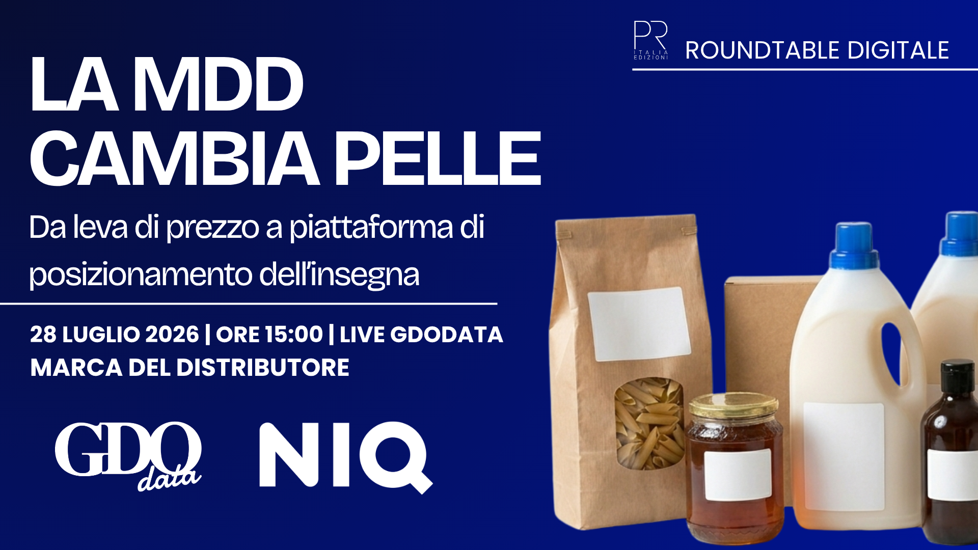 Promotional blue banner advertising an event about private label changes, with pantry products on the right (bags, bottles, jars).
