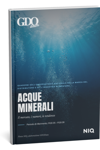 Magazine cover with an underwater blue gradient and bubbles, titled 'Acque Minerali' with NIQ logo in the bottom right.