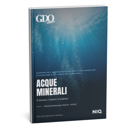 Magazine cover with an underwater blue gradient and bubbles, titled 'Acque Minerali' with NIQ logo in the bottom right.