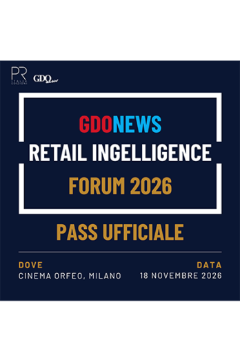 Official pass for the GdNews Retail Intelligence Forum 2026, showing event name and details: Cinema Orfeo, Milano; date 18 November 2026; labeled 'PASS UFFICIALE' with the event logos.
