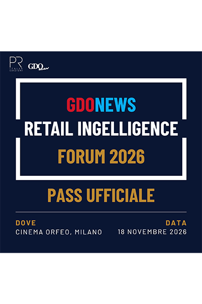 Official pass for the GdNews Retail Intelligence Forum 2026, showing event name and details: Cinema Orfeo, Milano; date 18 November 2026; labeled 'PASS UFFICIALE' with the event logos.