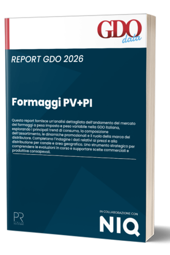 Book cover for 'FORMAGGI PV+PI' with 'REPORT GDO 2026' in dark blue design, GDO data logo, NIQ collaboration.