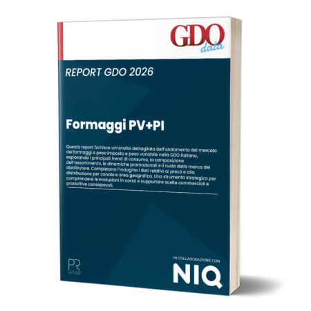 Book cover for 'FORMAGGI PV+PI' with 'REPORT GDO 2026' in dark blue design, GDO data logo, NIQ collaboration.