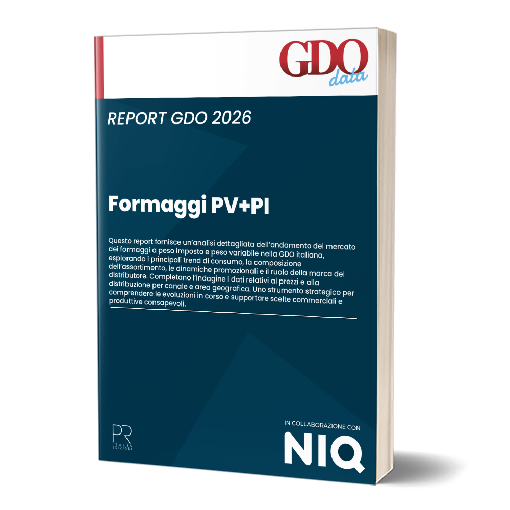Book cover for 'FORMAGGI PV+PI' with 'REPORT GDO 2026' in dark blue design, GDO data logo, NIQ collaboration.