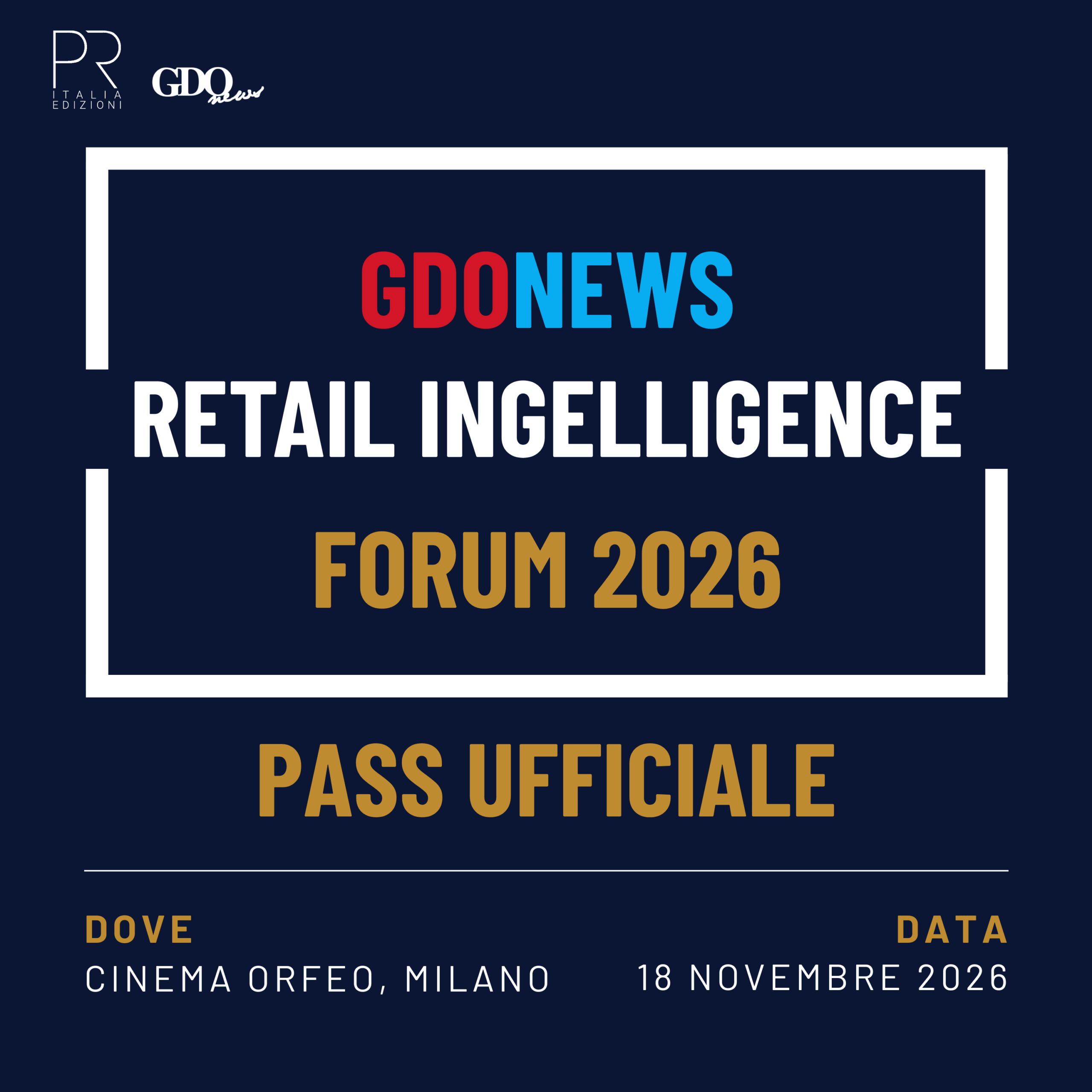 Promotional poster for GDONEWS Forum 2026 on retail intelligence, held at Cinema Orfeo, Milano, on 18 November 2026.