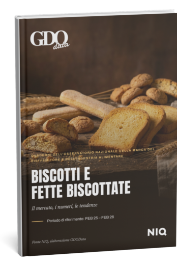 Book cover titled 'Biscotti e Fette Biscottate' with baked bread slices on a dark background and NIQ logo in the bottom right.