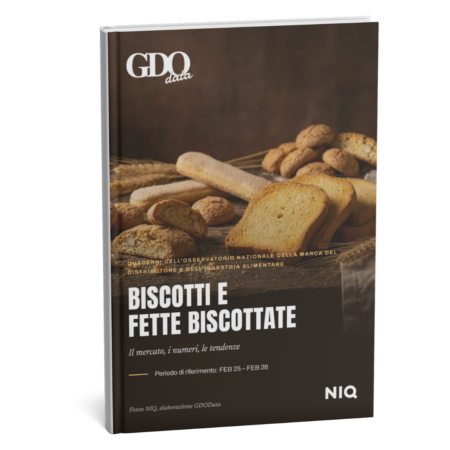 Book cover titled 'Biscotti e Fette Biscottate' with baked bread slices on a dark background and NIQ logo in the bottom right.
