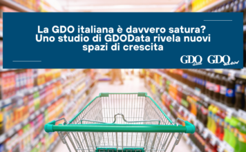 Banner text: Italian grocery distribution studied for growth; reads 'La GDO italiana è davvero sat…' over a blurred supermarket with a green shopping cart in the foreground