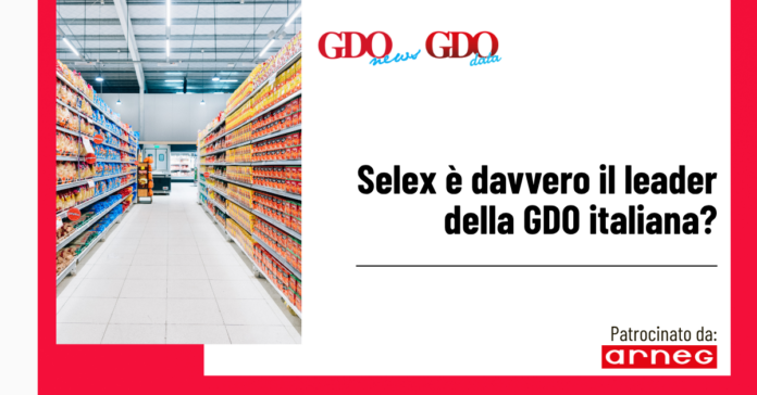 1200x628_Selex è davvero il leader della GDO italiana Photo of a supermarket aisle filled with colorful products on both sides, plus a white panel with the headline: