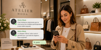 Woman in a beige trench coat uses her phone in a handbag store; chat bubbles from Atelier Moda promote a bag.15 characters