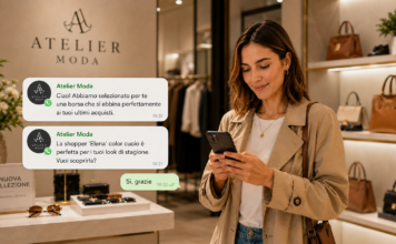 Meta Business Agent: WhatsApp entra nell’era degli AI Agent. Cosa cambia per il Retail Woman in a beige trench coat uses her phone in a handbag store; chat bubbles from Atelier Moda promote a bag.15 characters