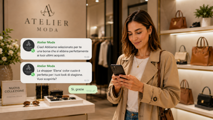 Immagine copertina Articolo 16.09 Woman in a beige trench coat uses her phone in a handbag store; chat bubbles from Atelier Moda promote a bag.15 characters