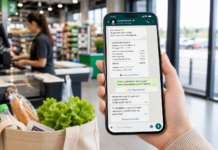 Dopo la cassa, la relazione continua: WhatsApp apre una nuova fase del customer journey nella GDO Hand holding a phone with a digital receipt chat displayed, checkout area blurred in the supermarket background.