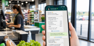 Dopo la cassa, la relazione continua: WhatsApp apre una nuova fase del customer journey nella GDO Hand holding a phone with a digital receipt chat displayed, checkout area blurred in the supermarket background.