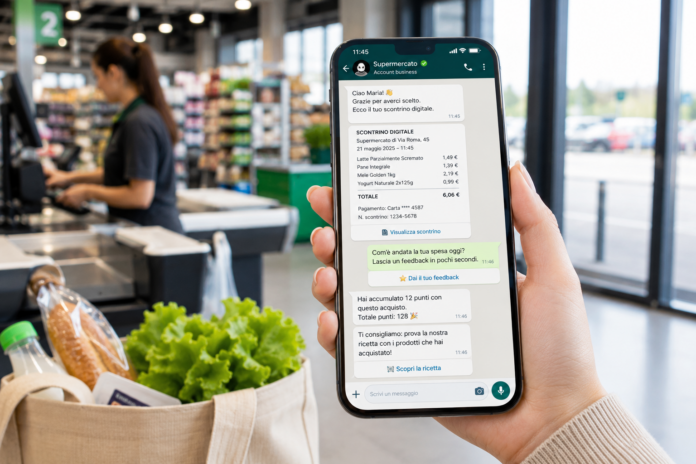 Hand holding a phone with a digital receipt chat displayed, checkout area blurred in the supermarket background.