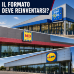 Shopping-center exterior with Lidl and MD storefronts, EuroSpin logo, and a bold Italian headline: 'IL FORMATO DEVE REINVENTARSI?'