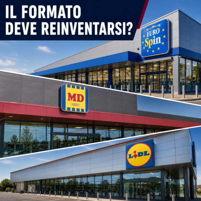 copertina discount Shopping-center exterior with Lidl and MD storefronts, EuroSpin logo, and a bold Italian headline: 'IL FORMATO DEVE REINVENTARSI?'
