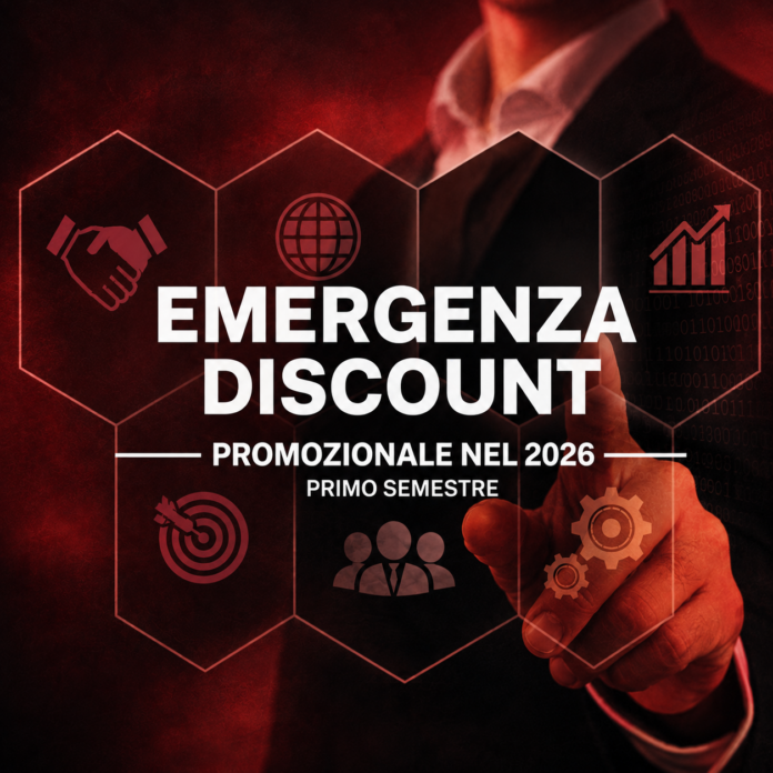 Banner promozionale: Emergenza Discount 2026, primo semestre, con icone di collaborazione, crescita e obiettivi visivi