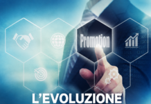 Promozioni, la GDO alza la pressione: il discount è il formato che accelera di più Promotional poster in Italian reading 'L'Evoluzione della Pressione' and 'Promozionale nel 2026 - Primo Semestre', with a hand pointing at a 'Promotion' icon among hexagonal graphics (handshake, globe, target).