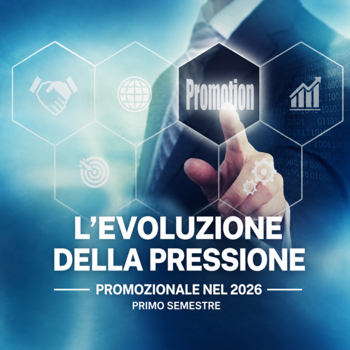 pressione promo 2026 primo semestre Promotional poster in Italian reading 'L'Evoluzione della Pressione' and 'Promozionale nel 2026 - Primo Semestre', with a hand pointing at a 'Promotion' icon among hexagonal graphics (handshake, globe, target).