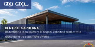 Modern commercial building with a blue overlay banner: title 'CENTRO E SARDEGNA' and subtitle about shops, sales and productivity; branding logos top-left and sponsor logo bottom-right.