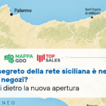 MD, il segreto della rete siciliana è nei piccoli negozi? I numeri dietro la nuova apertura Map of Sicily with an article banner featuring MD and GDO logos; blue headline asks about MD's Sicilian store network and its small shops, with subtitle about numbers behind the opening.