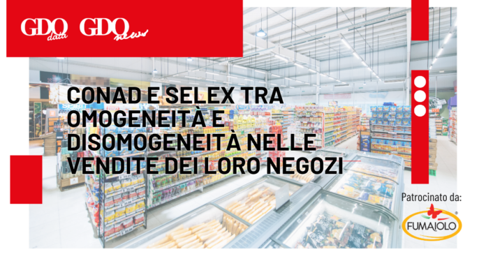 1200x628_Nord Est, Conad resta davanti ma Selex accorcia le distanze Banner for an article: supermarket aisle, bold Italian headline about Conad and Selex, red blocks, and Fumaiolo logo.