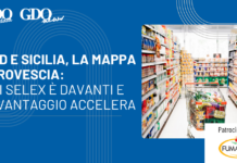 Sud e Sicilia, la mappa si rovescia: qui Selex è davanti e il vantaggio accelera Promotional banner: blue background with Italian headline on the left; image of a store aisle with a shopping cart on the right; sponsor logo Fumaiolo bottom right.