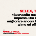 Selex, Tasca: «la crescita nasce dalle imprese. Ora la sfida è migliorare ancora fatturato al mq ed efficienza» Man in a navy suit with arms crossed stands to the left as a bold Italian headline fills the right side of the image, with logos in the corners.