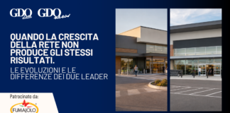 Quando la crescita della rete non produce gli stessi risultati. Le evoluzioni e le differenze dei due leader Banner in blue with Italian headline about network growth not yielding the same results; two storefront photos; sponsor logo Fumaolo on the left.
