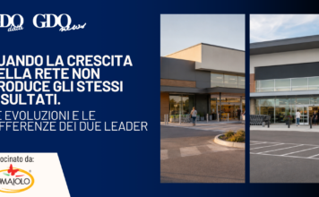 Quando la crescita della rete non produce gli stessi risultati. Le evoluzioni e le differenze dei due leader Banner in blue with Italian headline about network growth not yielding the same results; two storefront photos; sponsor logo Fumaolo on the left.