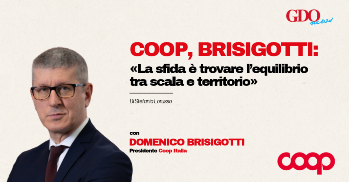 Coop, Brisigotti_ Domenico Brisigotti in a suit on the left with a beige background; bold red headline about Coop Brisigotti and balancing scale and territory, plus author credit and logos (GDO News top right, Coop bottom right).