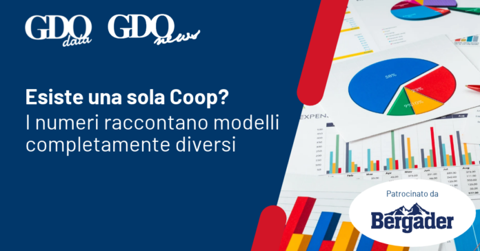 Esiste una sola Coop_ Italian promotional banner: bold headline about Coop models, blue left panel with charts and sponsor Bergader on the right.