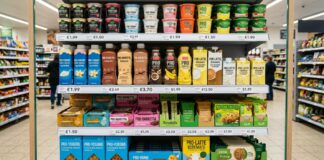 High protein, lo scaffale entra nella fase della selezione Shelves stocked with protein drinks, yogurts, and snacks in a grocery store with visible price tags