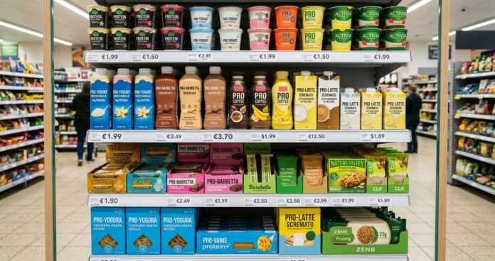 Gemini_Generated_Image_po860mpo860mpo86 (1) Shelves stocked with protein drinks, yogurts, and snacks in a grocery store with visible price tags