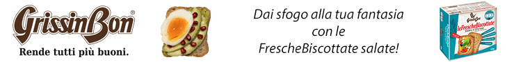 GrissinBon banner ad with logo on the left, cracker with egg image, slogan “Dai sfogo alla tua fantasia con le FrescheBiscottate salate!”, and a product package on the right.