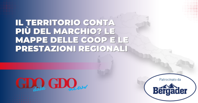 Il territorio conta più del marchio_ Le mappe delle Coop Banner in Italian announcing regional performance maps for Coop and regional services, with map of Italy and sponsor Bergader logo.
