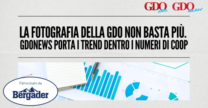 La fotografia della GDO non basta più. (1) Header banner for a GDO News article: 'La fotografia della GDO non basta più...' with GDO data and GDO News logos, and Bergader sponsor badge.