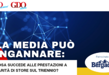 La media può ingannare: cosa succede alle prestazioni a parità di store sul triennio? Banner: Italian headline 'La media può ingannare' over a blue network background with a red diagonal accents; Bergader sponsor badge visible (Patrocinato da).