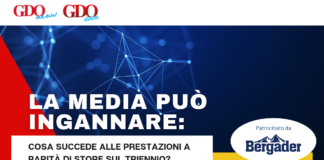 La media può ingannare: cosa succede alle prestazioni a parità di store sul triennio? Banner: Italian headline 'La media può ingannare' over a blue network background with a red diagonal accents; Bergader sponsor badge visible (Patrocinato da).