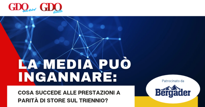 La media può ingannare_ Banner: Italian headline 'La media può ingannare' over a blue network background with a red diagonal accents; Bergader sponsor badge visible (Patrocinato da).