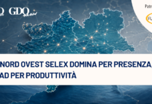 Nel Nord Ovest Selex domina per presenza, Conad per produttività Banner with a blue map of Italy and network lines; Italian headline reads 'Nel Nord Ovest Selex domina per presenza, Conad per produttività' with sponsor logos in corner, for a news feature.