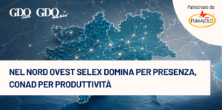 Nel Nord Ovest Selex domina per presenza, Conad per produttività Banner with a blue map of Italy and network lines; Italian headline reads 'Nel Nord Ovest Selex domina per presenza, Conad per produttività' with sponsor logos in corner, for a news feature.