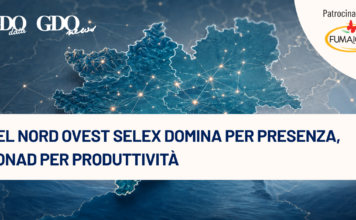 Nel Nord Ovest Selex domina per presenza, Conad per produttivitĂ Banner with a blue map of Italy and network lines; Italian headline reads 'Nel Nord Ovest Selex domina per presenza, Conad per produttivitĂ ' with sponsor logos in corner, for a news feature.