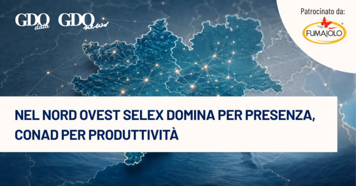 Nel Nord Ovest Selex domina per presenza, Conad per produttività Banner with a blue map of Italy and network lines; Italian headline reads 'Nel Nord Ovest Selex domina per presenza, Conad per produttività' with sponsor logos in corner, for a news feature.
