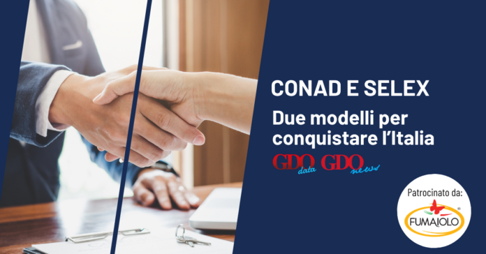 Selex e Conad: due modelli per conquistare l’Italia Handshake between two people on a business banner about CONAD and SELEX sponsorships.